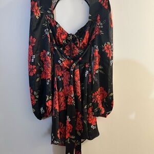 Floral Black and Red Long Sleeve Silk Dress